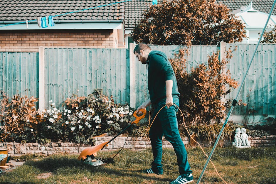 A young man wearing glasses, a dark hoodie, and jeans is performing garden maintenance in a small backyard. He is using a cordless electric grass trimmer to trim the lawn, which has a mixture of trimm